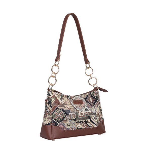 Women’s Geometric Pattern Tapestry Fabric Sling Shoulder Bag, Satchel Purse - Picture 8 of 8